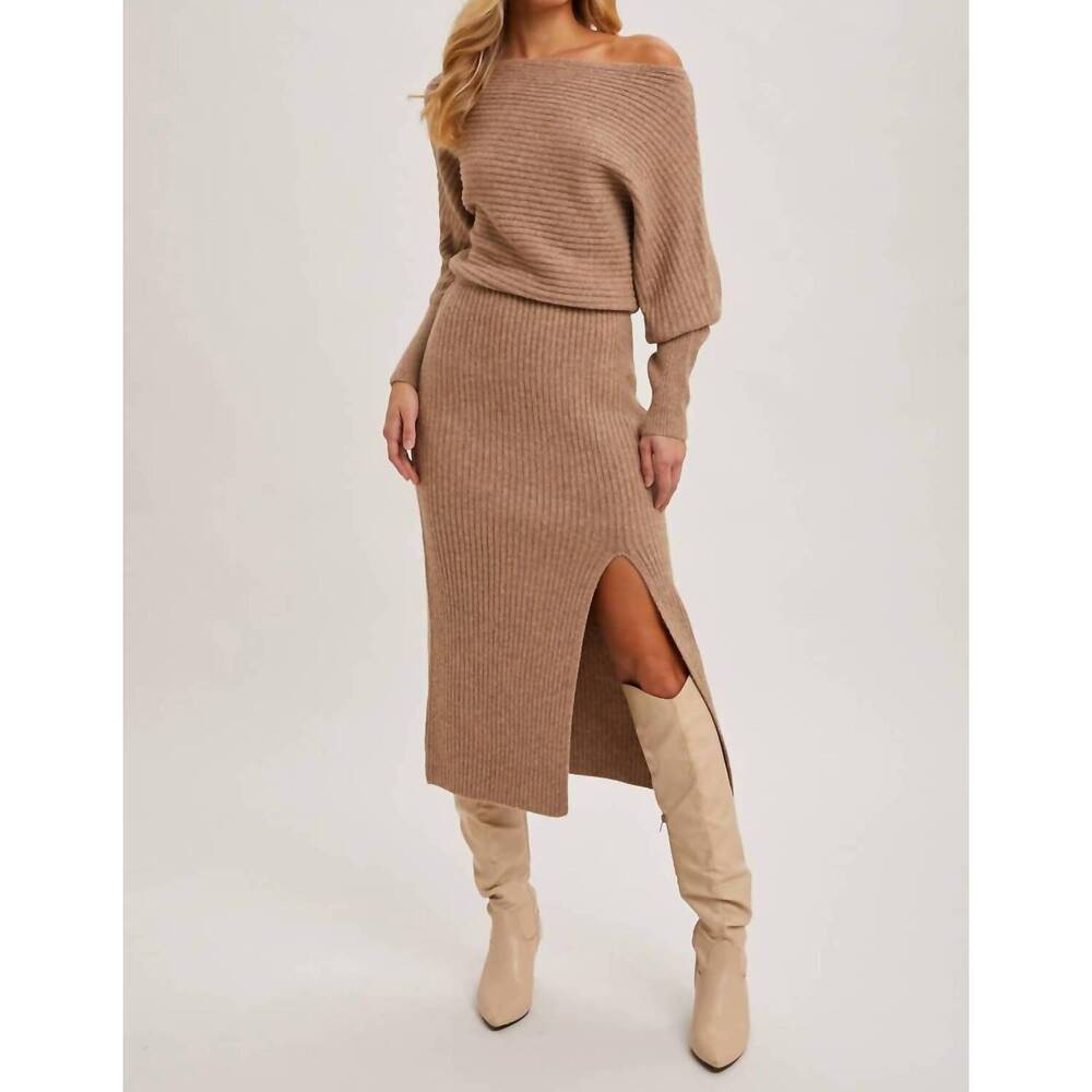 NEW BLUIVY one shoulder off side slit midi knit sweater dress in latte - Picture 4 of 8